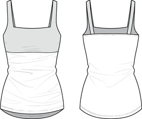 Women’s tank top sketch, square neckline design, fashion technical drawing, flat vector illustration, garment construction template, apparel outline