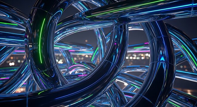 Dynamic chrome pipes with vibrant neon lights create a stunning futuristic abstract, ideal for technology branding and modern design projects