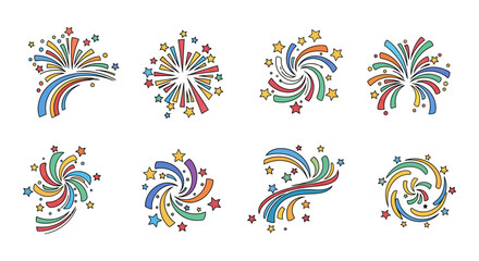 Fototapeta premium Collection of colorful fireworks illustrations, perfect for celebrations, events, and festive designs.