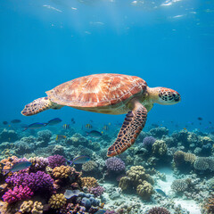 Obraz premium A vibrant sea turtle swims calmly over a lively coral reef filled with tropical fish, illuminated by clear blue ocean sunlight. 