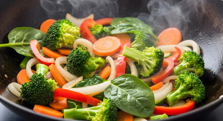 Steaming Fresh Broccoli Carrots Bell Peppers and Spinach Stir Fry.