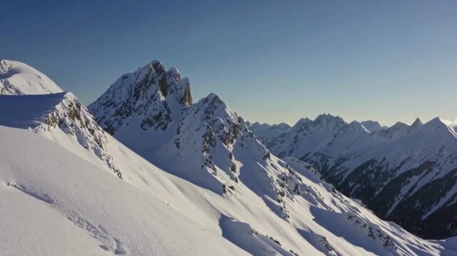 Aerial drone shot of a professional skier freeriding down a steep, untouched powder snow slope in the majestic mountains on a sunny day