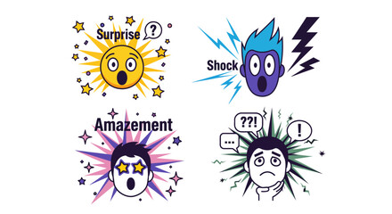 Fototapeta premium A collection of four cartoon illustrations depicting various human emotions and states of mind such as surprise, shock, and amazement with expressive faces and vibrant graphic elements.
