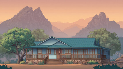 “Morning scene of a house with mountains and trees in front view.”