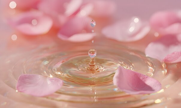 a clear, golden-hued liquid surface, capturing the moment a drop falls and creates perfect concentric ripples. Several soft pink rose petals float gracefully on the surface, glistening with moisture - Powered by Adobe