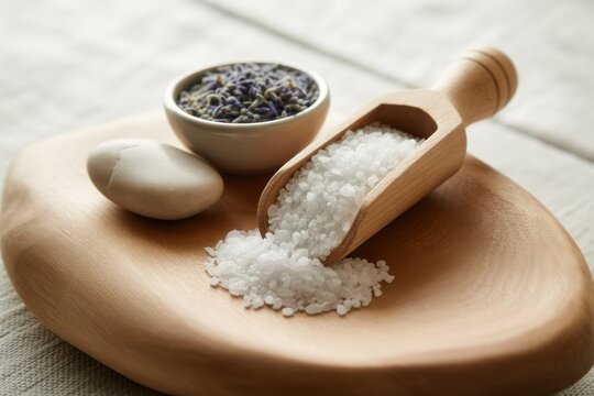 Relaxing lavender and salt spa treatment on wooden board creates serene and calming atmosphere perfect for wellness brand advertising and self care concepts