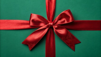Classic christmas gift box wrapped in red satin bow and deep emerald green paper.