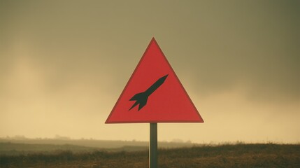 Missile. Attack. Danger. A red warning sign with the symbol of a rocket warns you about air raid. Shelling. Air attack. Alert. Bombardment zone