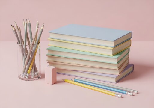 Stack of books and pencils on a pink background