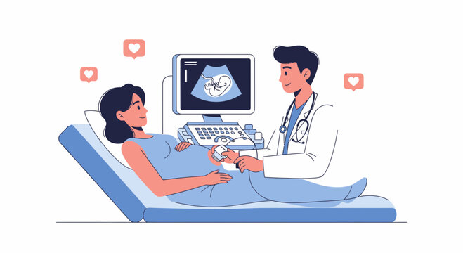 Medical Professionals Perform Ultrasound Scan During Pregnancy Checkup in Illustration