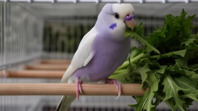 A charming parakeet enjoying a fresh meal while perching on a wooden rod inside its cage. The parakeet is seen with lovely color and feather, creating an eye-catching view. Stock Video