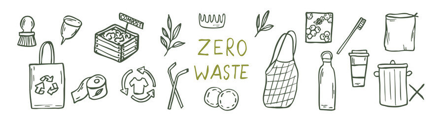 Hand drawn zero waste icons. Doodle sustainalbe living clipart