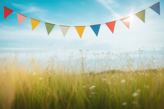 Celebrate summer fun with vibrant pennant banner against a sunny sky above a grassy meadow, perfect for joyful events and outdoor festivities