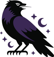 Naklejka premium Mystical black bird vector soaring through a dark night sky with crescent moons and sparkling stars