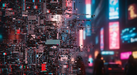 Cyberpunk city street with glitch effect, perfect for futuristic tech designs and edgy urban visuals, ideal for gaming and digital art projects