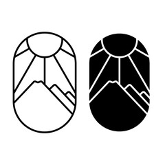 Vector graphic of mountain theme oval shape emblem logo with line art style and bold style on white background