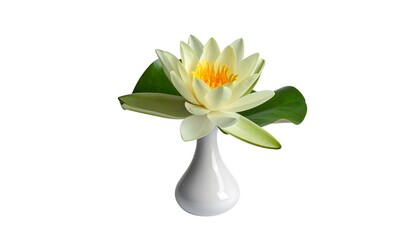 Elegant white water lily in a minimalist vase, isolated.