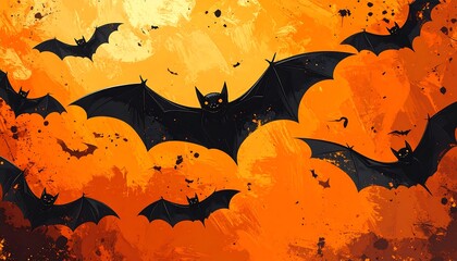 A vibrant orange sky hosts a swarm of silhouetted bats, their dark forms contrasting the fiery background. A few have glowing eyes
