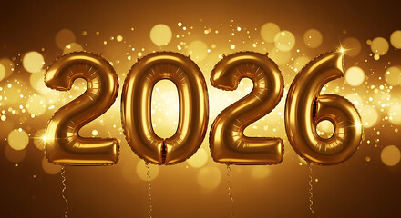 Golden helium 2026 balloon number on blurred lights background new year
