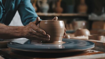 A skilled artisan carefully shaping a ceramic pot on a spinning pottery wheel. Hands working on the wheel creating the craft, the hands have touch the clay Stock Video