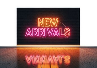 Neon sign for new arrivals glowing on a dark brick wall