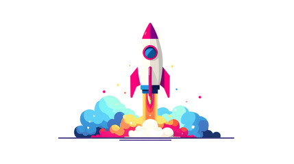 Flat vector illustration of startup rocket launching upward, simple geometric shapes, bold colors, business growth metaphor, clean modern clipart, isolated on white.