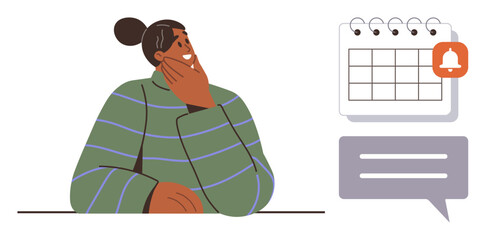 Person resting chin on hand while thinking, next to a calendar with reminder alert and a message bubble. Ideal for scheduling, planning, communication, decision-making, productivity, reminders