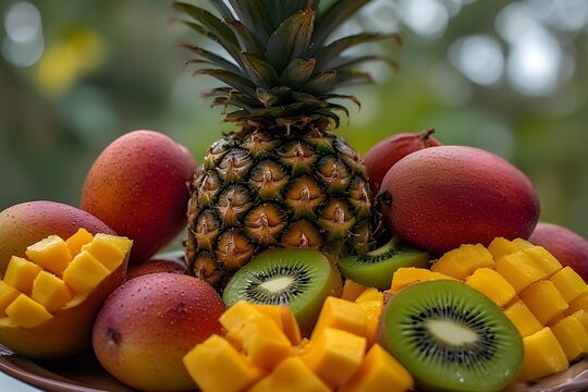 Tropical Fruit Platter: Pineapple, Mango, and Kiwi - Powered by Adobe