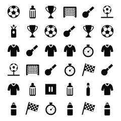 Complete Soccer Elements Icon Pack Black Silhouette Vector Collection Including Ball Net Trophy Whistle Jersey Timer and Checkered Flag © THREAD MUSE STUDIO
