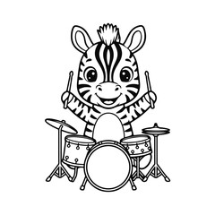 Naklejka premium Cute cartoon zebra playing drums in black and white line art, funny animal musician with happy face, zebra drummer, cute zebra, funny animal, music art, cartoon drummer, kids illustration