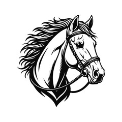 An elegant horse head in a dynamic black and white style with a flowing mane and a detailed bridle. Horse head, horse portrait, horse illustration, animal drawing, equestrian art