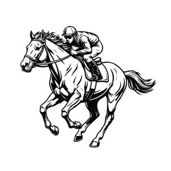 Dynamic racehorse with jockey in bold black-and-white style, galloping action, strong movement, sport energy — horse racing, jockey riding, racing horse, sport illustration, equestrian race