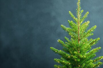 Small Christmas Tree with Lights Against Dark Blue Background for Decor