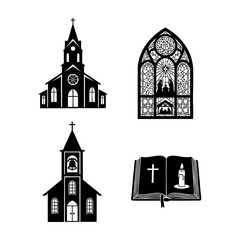 Christmas Church Silhouette Set Building Window Bell Bible