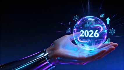Futuristic hand holding a glowing orb representing the year 2026 with digital elements.