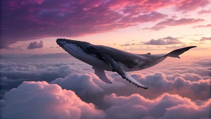 Majestic whale soars through vibrant pink clouds at sunset embodying freedom and wonder