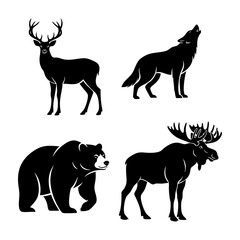 Winter Wildlife Silhouette Set Deer Wolf Bear Moose