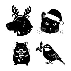 Christmas Pet Silhouettes Dog Cat Hamster Bird in Hat