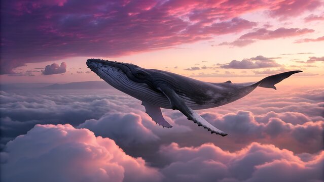Majestic whale soars through vibrant pink clouds at sunset embodying freedom and wonder - Powered by Adobe