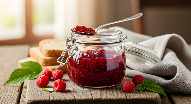Homemade Raspberry Jam in a Glass Jar with Fresh Berries and Toast.