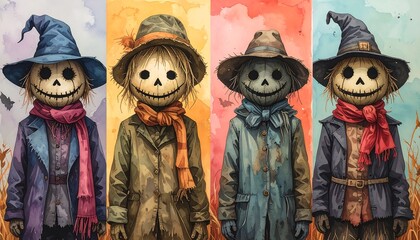 Whimsical Scarecrow Characters in a Halloween-Themed Art Style.