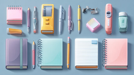 “Flat cartoon vector illustrations of pens, pencils, notebooks, and other creative and organizational tools.”


