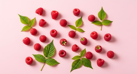 Fresh red raspberries and green leaves scattered artfully.