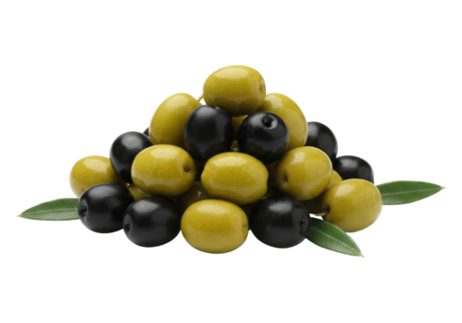 Vibrant Green and Dark Black Olives from an Olive Grove, Cut Out, Clipping Path, Isolated on a Transparent PNG Background.
