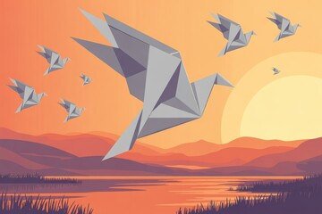 Peaceful origami birds flying over serene landscape at sunset creates sense of hope and tranquility for inspirational campaigns and nature projects
