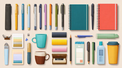 “Flat cartoon vector illustrations of pens, pencils, notebooks, and other creative and organizational tools.”

