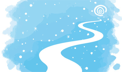 A serene vector illustration portrays a winding white path on a dreamy blue, star-filled background, leading to a distant spiral goal.