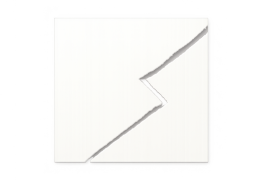 Torn white cardboard displaying a zig-zag rip, creating a break, crack, or bolt shape on transparent background