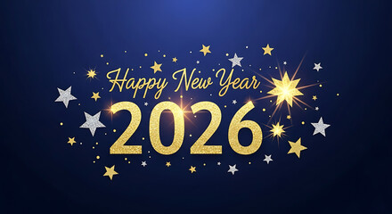 Fototapeta premium Happy new year 2026 gold glitter text with shining stars on dark blue
