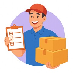 A smiling delivery man in a blue shirt and red cap holds a clipboard with a checklist and two cardboard boxes.